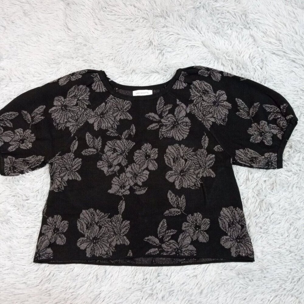 Liz‎ Claiborne Womens Sweater Black Petite L Floral Sparkly Top Cozy Comfort